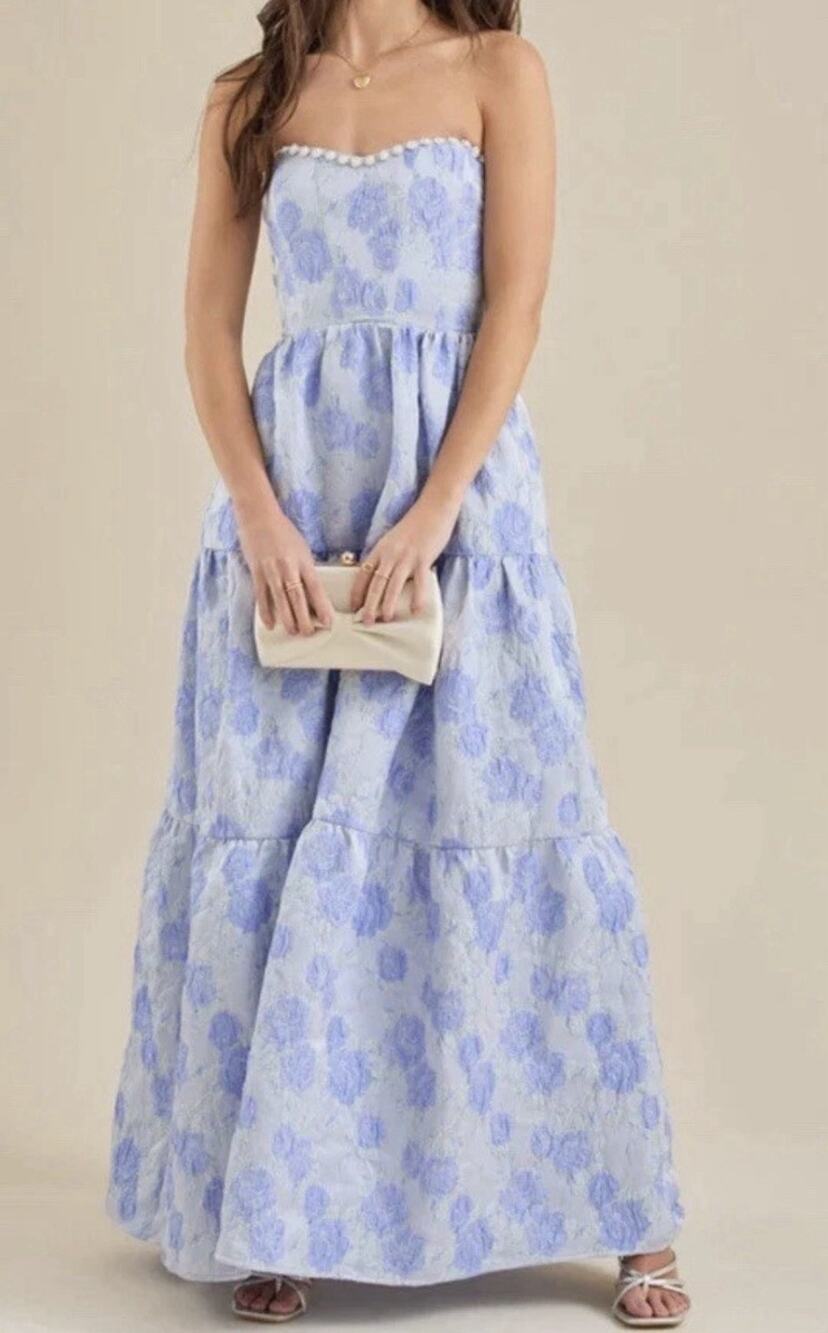 Altar'd State Jacquard Corset Gown Women’s M (6-8) Maxi Dress Blue Skye Floral